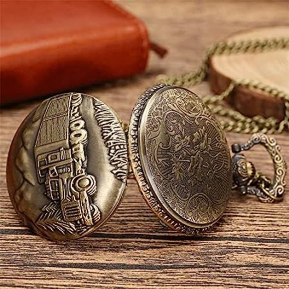 New bronzed semi truck pocket watch on removable chain - Picture 3 of 5